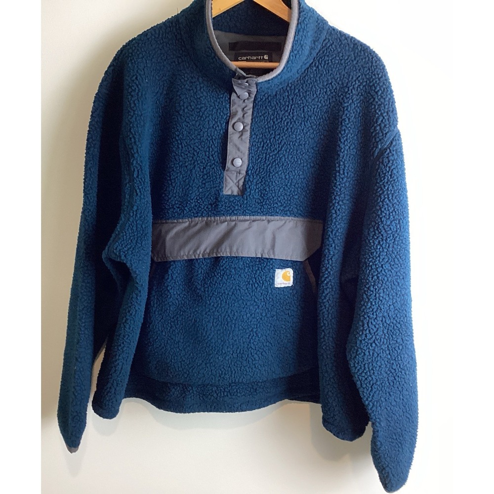Carhartt Jacket 2XL Blue Gray Sherpa Fleece Relaxed Fit Pullover High Pile Snap